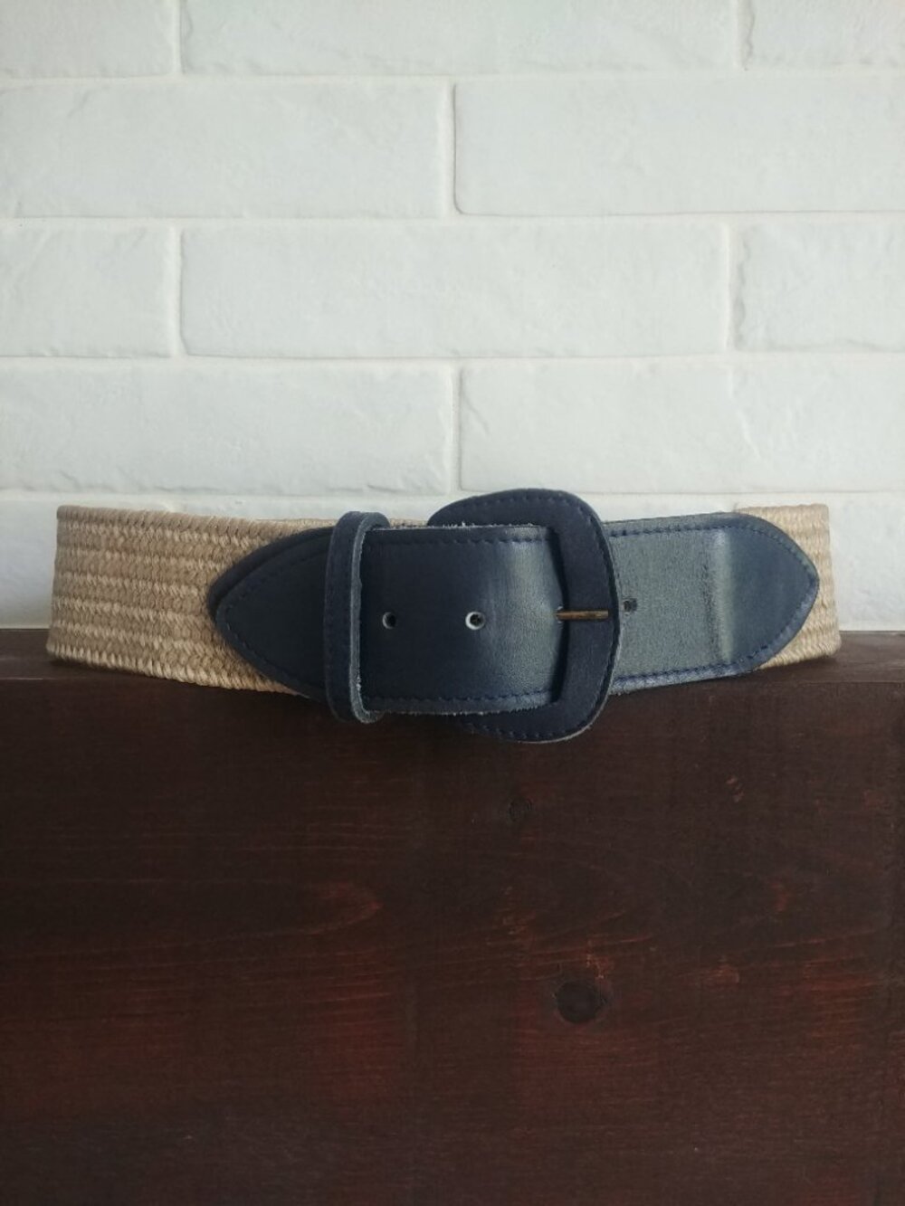 Heritage Leather Women's dark navy blue and woven tan wide waist belt M
